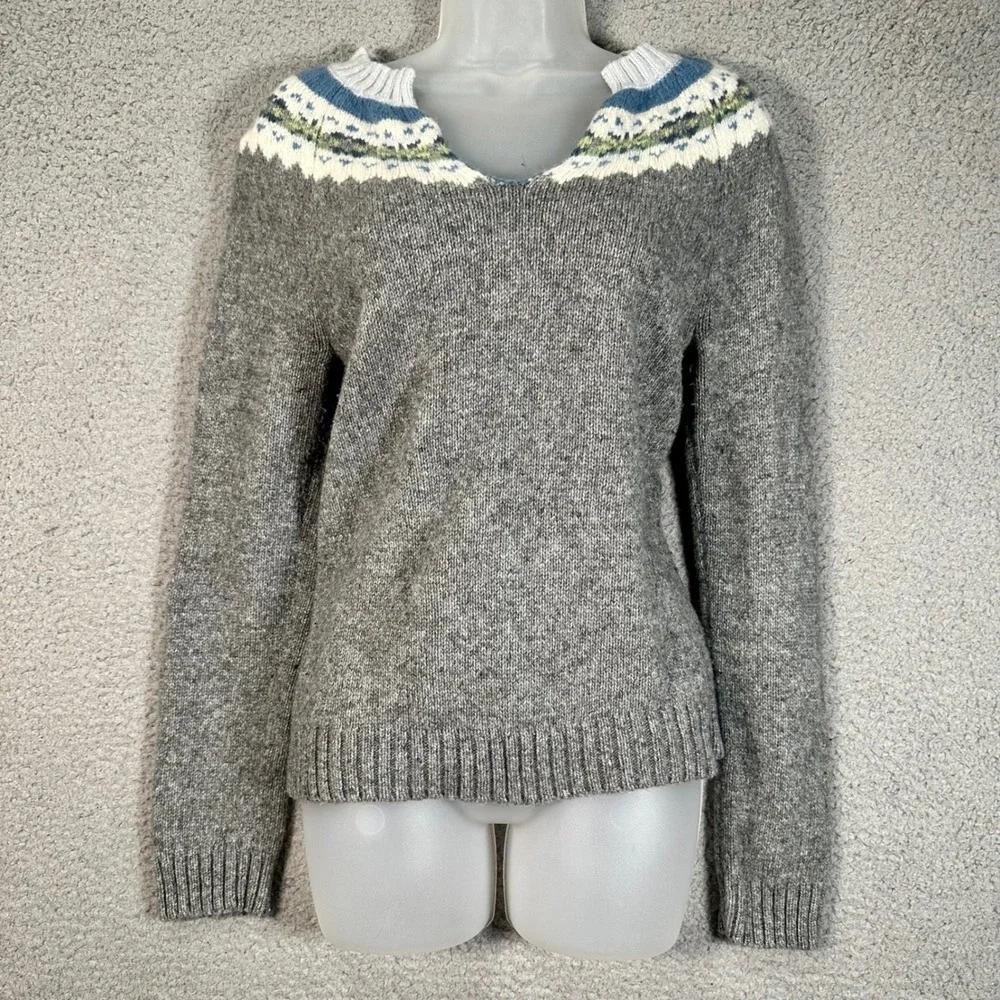 Old Navy Lambswool Fair Isle Sweater Womens M Gray Nordic Cabincore Cozy Knit